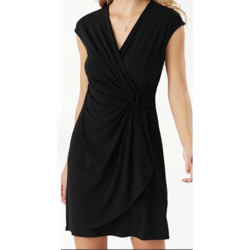 New Tommy Bahama Tambour Side Gathered Black Faux Wrap Dress Womens Size SP